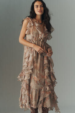 Anthropologie Ruffled Sleeveless Plunge Midi Dress, NWT, Size S